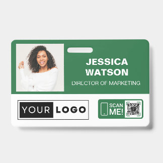 Green Employee Name Badge with Logo and QR Code