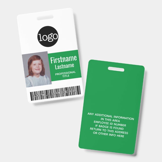 Green Employee - Photo, Bar Code, Logo, Name ID Badge (Front & Back)