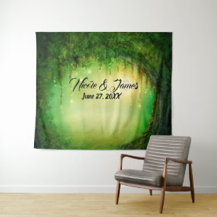 Green Enchanted Forest Trees Woods Party Backdrop Tapestry