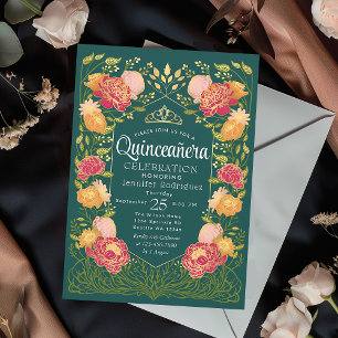 Green Enchanted Garden Floral Quinceanera Invitation