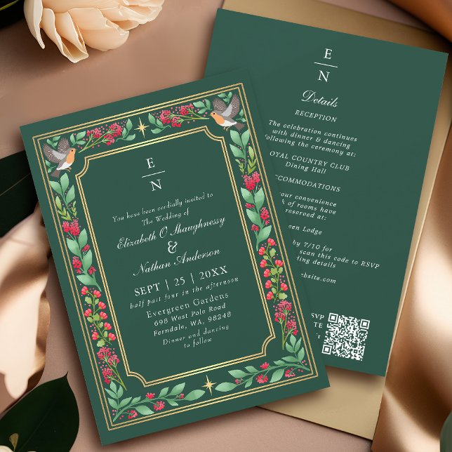 Green Enchanting Botanical Floral Wedding QR Code Invitation (Creator Uploaded)