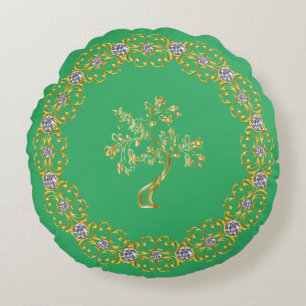 Green enchantment on Golden Tree Pattern Round Pillow
