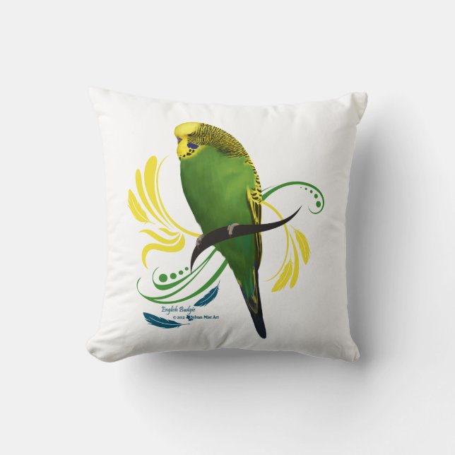 Green English Budgie Throw Pillow (Front)
