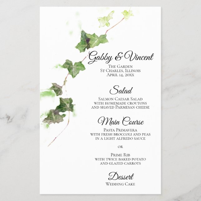 Green English Ivy Vine Watercolor Wedding Menu  (Front)