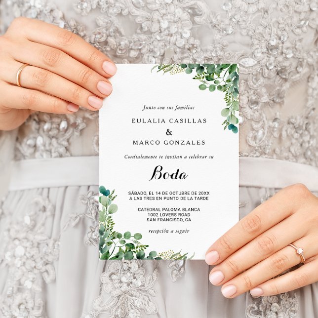 Green Eucalyptus Botanical Foliage Spanish Wedding Invitation (Creator Uploaded)