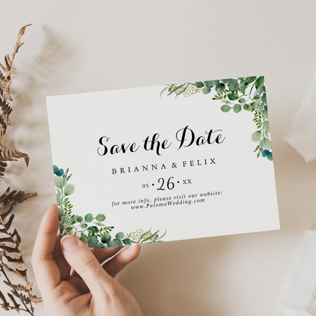 Green Eucalyptus Botanical Horizontal Wedding Save The Date (Creator Uploaded)