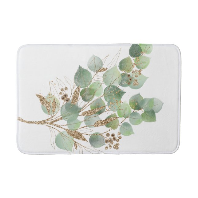 GREEN EUCALYPTUS BRANCH WHITE BATH MAT (Front)