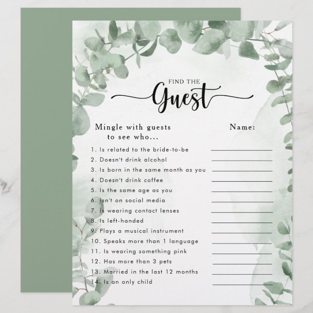 Green Eucalyptus Bridal Shower Find the Guest Game (Front/Back)