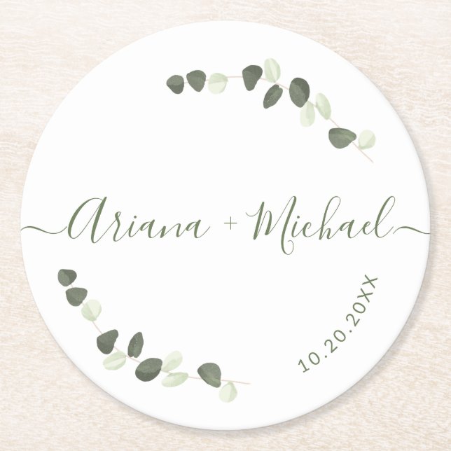 Green Eucalyptus Elegant Script names wedding  Round Paper Coaster (Front)