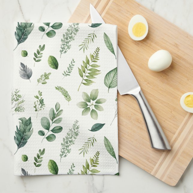 Green Eucalyptus Fern Botanical Watercolor Kitchen Towel (Quarter Fold)