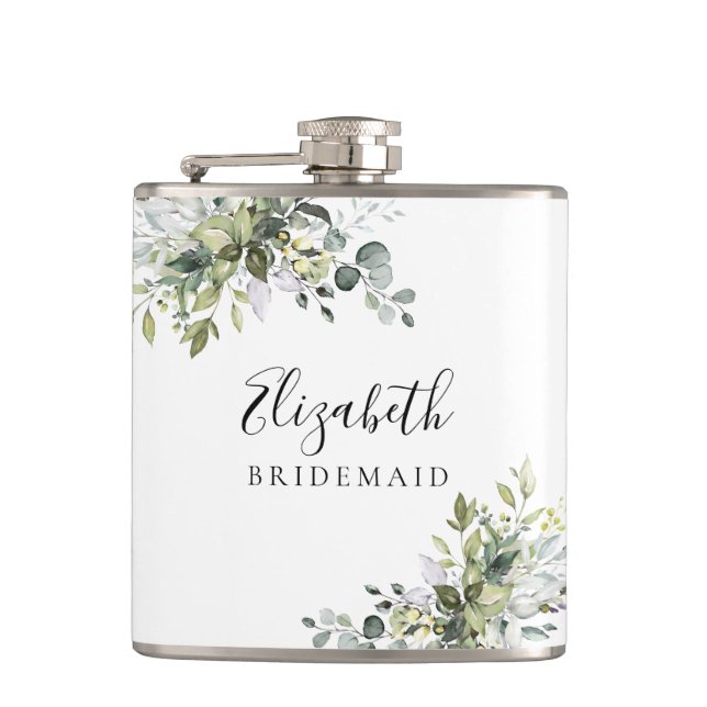 Green Eucalyptus Floral Bridal Shower Hip Flask (Front)
