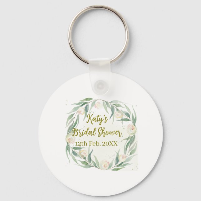 Green eucalyptus floral bridal shower name date go keychain (Front)