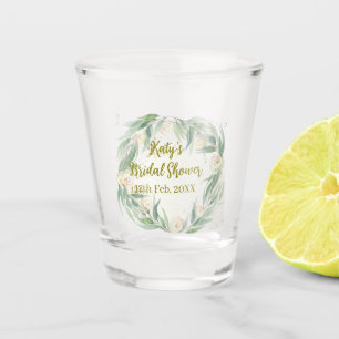 Green eucalyptus floral bridal shower name date go shot glass