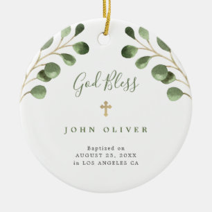 Green eucalyptus foliage baby baptism photo ceramic ornament