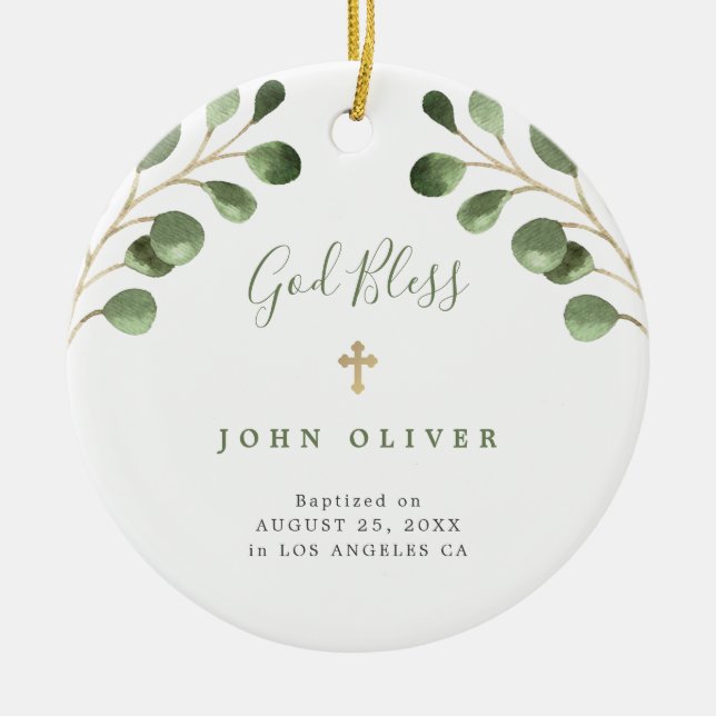 Green eucalyptus foliage baby baptism photo ceramic ornament (Front)