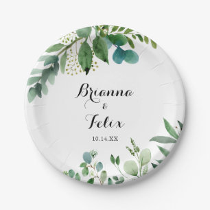 Green Eucalyptus Foliage Calligraphy Wedding Cake Paper Plate