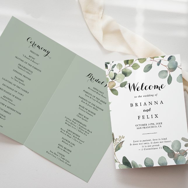 Green Eucalyptus Foliage Delight Folded Wedding Program (Creator Uploaded)