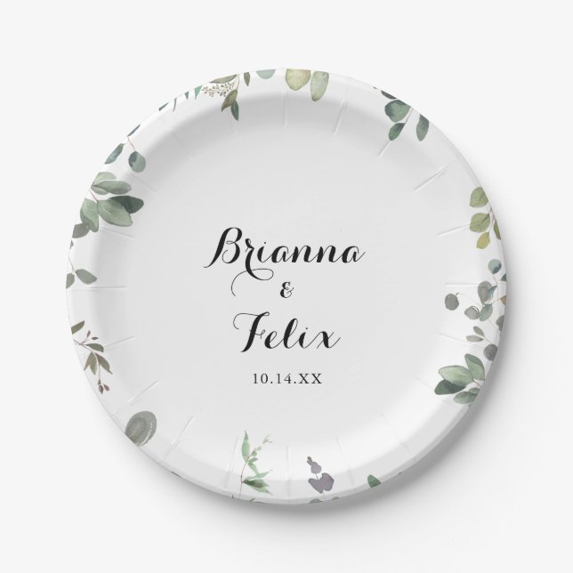 Green Eucalyptus Foliage Delight Wedding Cake Paper Plate (Front)
