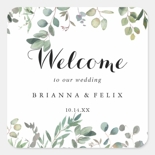 Green Eucalyptus Foliage Delight Wedding Welcome Square Sticker (Front)