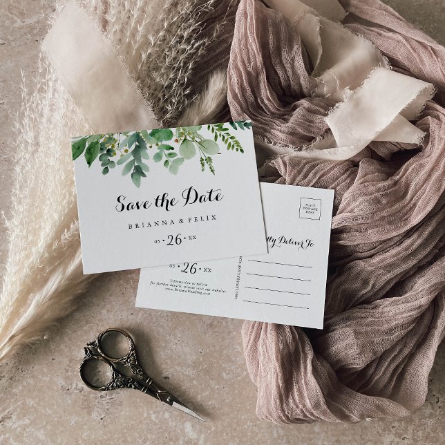 Green Eucalyptus Foliage Horizontal Save the Date Postcard (Creator Uploaded)