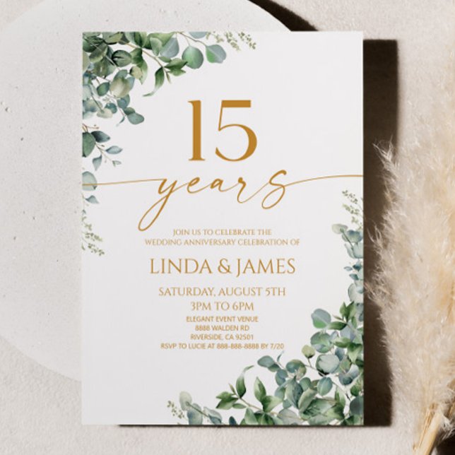 Green Eucalyptus Gold 15th Wedding Anniversary Invitation (Creator Uploaded)