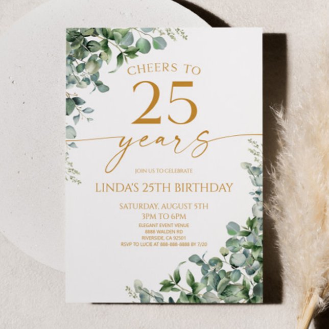 Green Eucalyptus Gold 25th Birthday Party Invitation (Creator Uploaded)