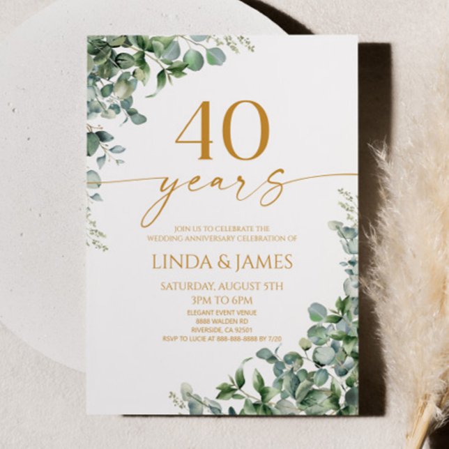 Green Eucalyptus Gold 40th Wedding Anniversary Invitation (Creator Uploaded)