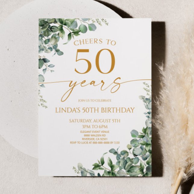 Green Eucalyptus Gold 50th Birthday Party Invitation (Creator Uploaded)