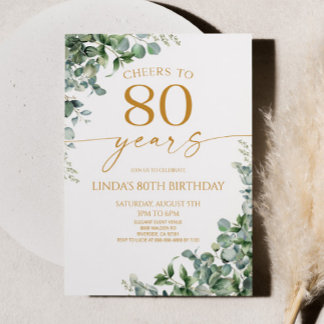 Green Eucalyptus Gold 80th Birthday Party Invitation