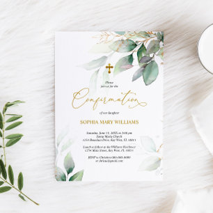 Green Eucalyptus & Gold Confirmation Invitation