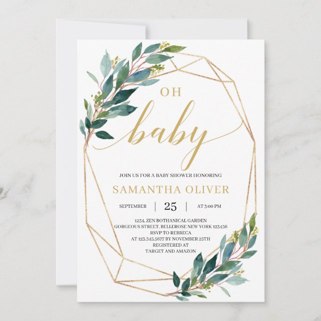 Green eucalyptus gold geometric Oh Baby Shower Invitation (Front)