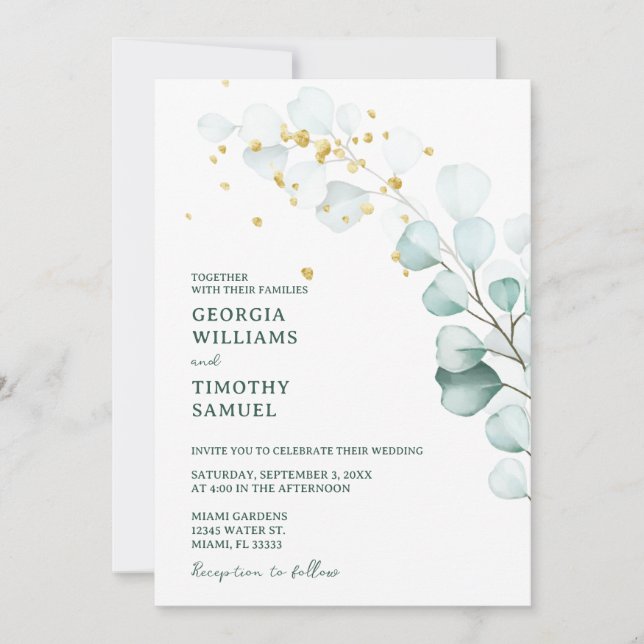 Green Eucalyptus Greenery with Gold Sparkles Invitation (Front)