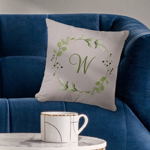 Green Eucalyptus & Leaf Wreath Script Monogram Throw Pillow
