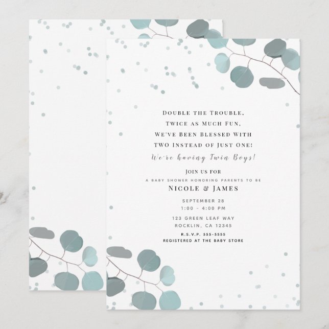 Green Eucalyptus Leaves Baby Shower Twins Invitation (Front/Back)