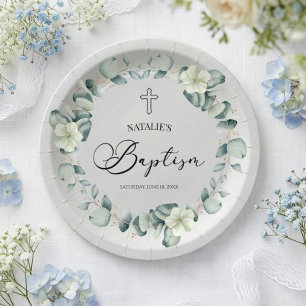 Green Eucalyptus Leaves Botanical Baptism Paper Plate