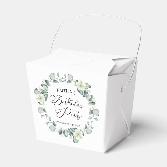 Green Eucalyptus Leaves Botanical Birthday Party Favor Box (Front Side)