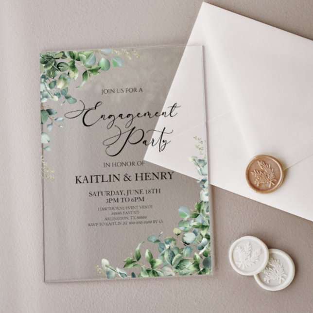 Green Eucalyptus Leaves Botanical Engagement Party Acrylic Invitations (Creator Uploaded)