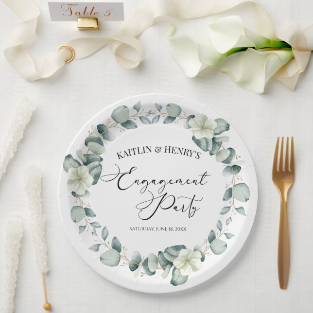 Green Eucalyptus Leaves Botanical Engagement Party Paper Plate (Wedding)