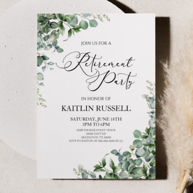 Green Eucalyptus Leaves Botanical Retirement Party Invitation (Creator Uploaded)