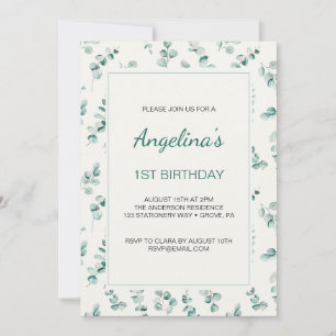 Green Eucalyptus Leaves First Birthday Invitation