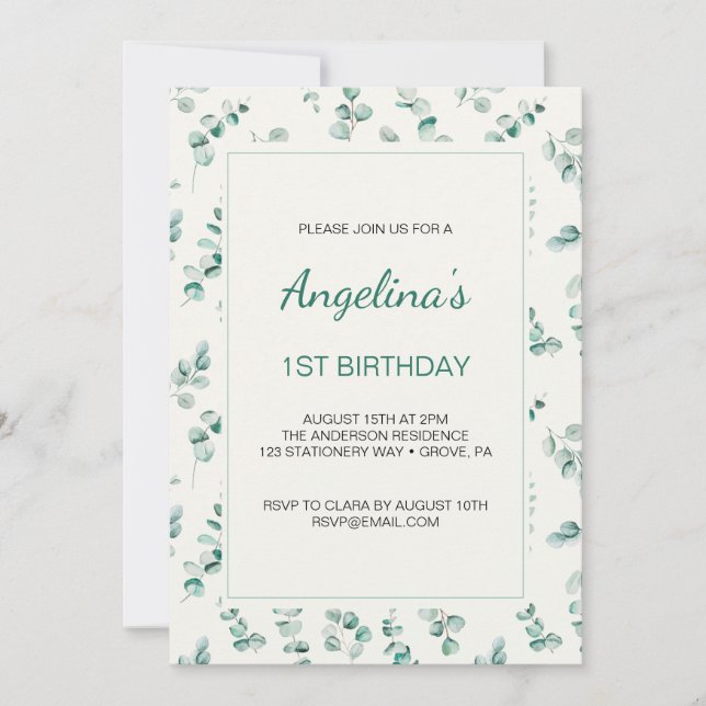 Green Eucalyptus Leaves First Birthday   Invitation (Front)