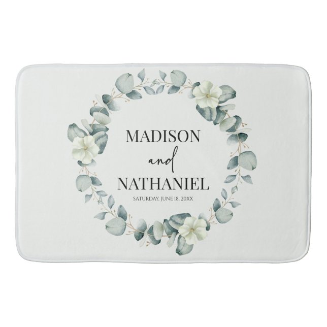 Green Eucalyptus Leaves Greenery Botanical Wedding Bath Mat (Front)