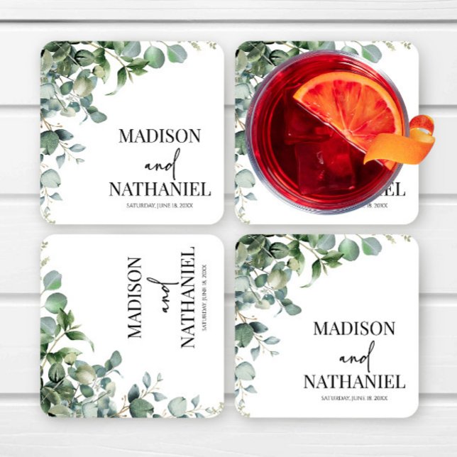 Green Eucalyptus Leaves Greenery Botanical Wedding Square Paper Coaster (Creator Uploaded)