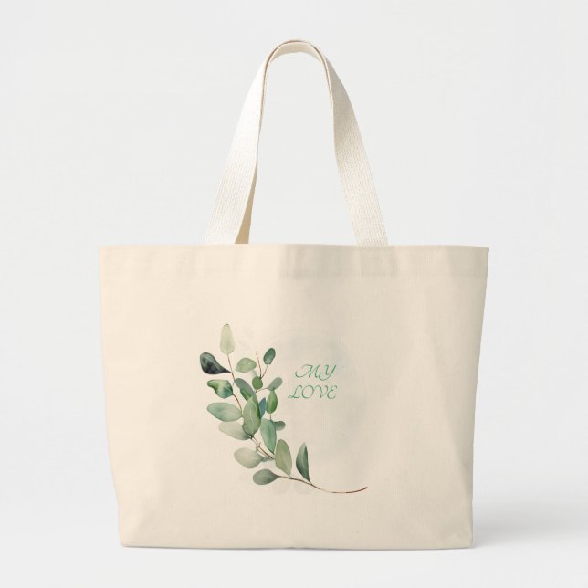 Green Eucalyptus Leaves Large Tote Bag (Front)