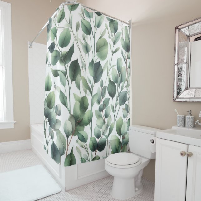 Green Eucalyptus Leaves on White Shower Curtain (In Situ)