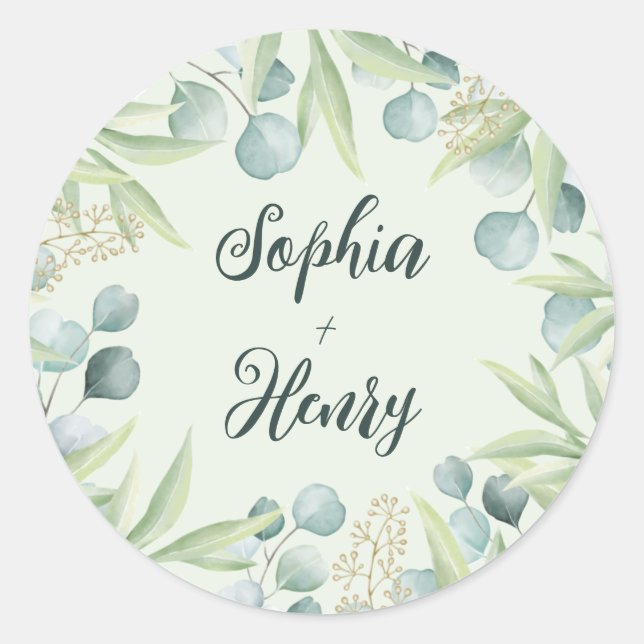 Green Eucalyptus Leaves Wedding Classic Round Sticker (Front)