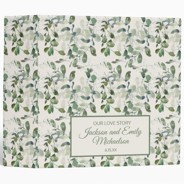 Green Eucalyptus Leaves Wedding Couple Scrapbook Binder (Front/Spine)
