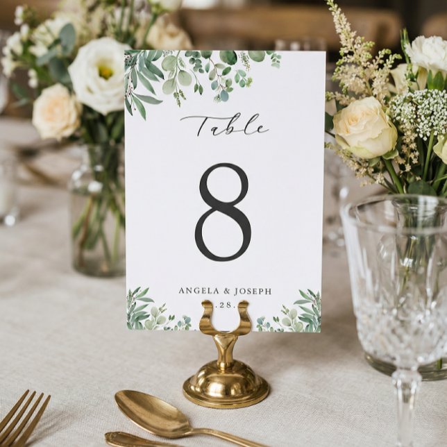 Green Eucalyptus Leaves Wedding Table Number Card (Creator Uploaded)