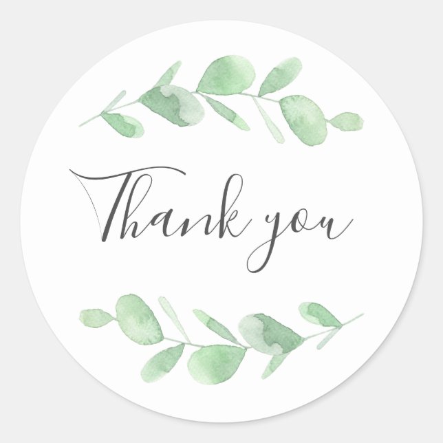 Green Eucalyptus leaves. Woodland simple Thank You Classic Round Sticker (Front)