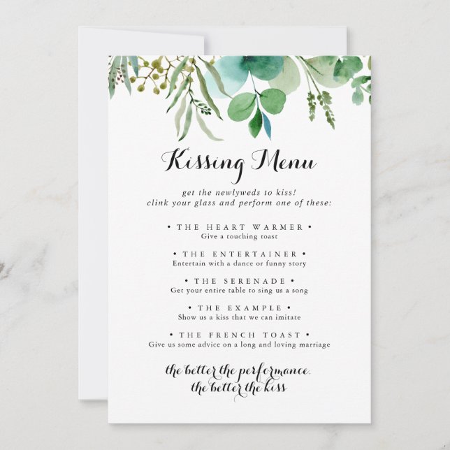 Green Eucalyptus Mariage Kissing Menu Carte de jeu (Devant)